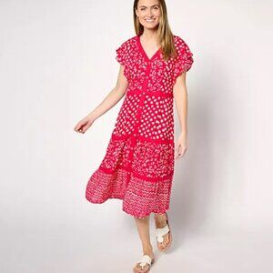 Dennis Basso Mixed Print Rayon Tiered Dress Rasberry A644399